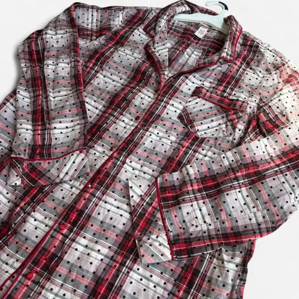 Victoria's Secret Women's Sleep Shirt L Red White Plaid Polka Dot Casual Cozy